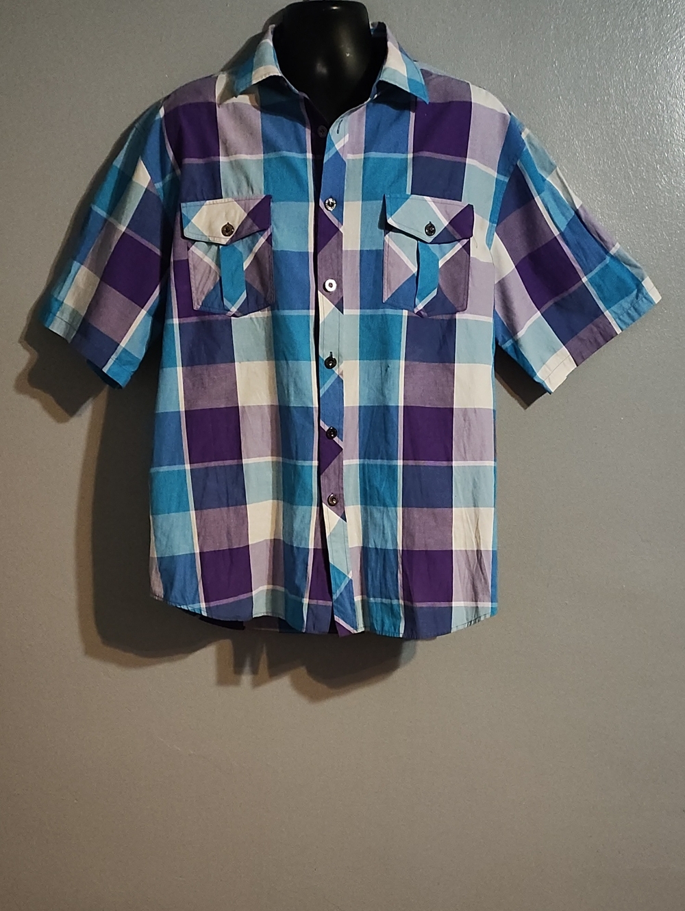 Noiz Jeans Men's Vintage Short-Sleeve Plaid Button-Up Shirt - Blue,& Purple